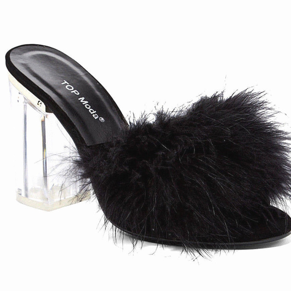 SeXy FEATHER Katy Slipper SHOES CLEAR Plastic HEEL - Picture 1 of 3